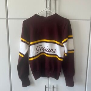 Dehen Trojans Varsity Knit Sweater Maroon Gold White Mens Medium Collegiate